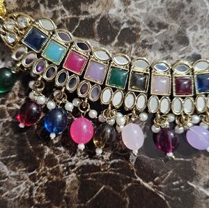Brand New Bolllywood style multi color necklace with earrings and head piece